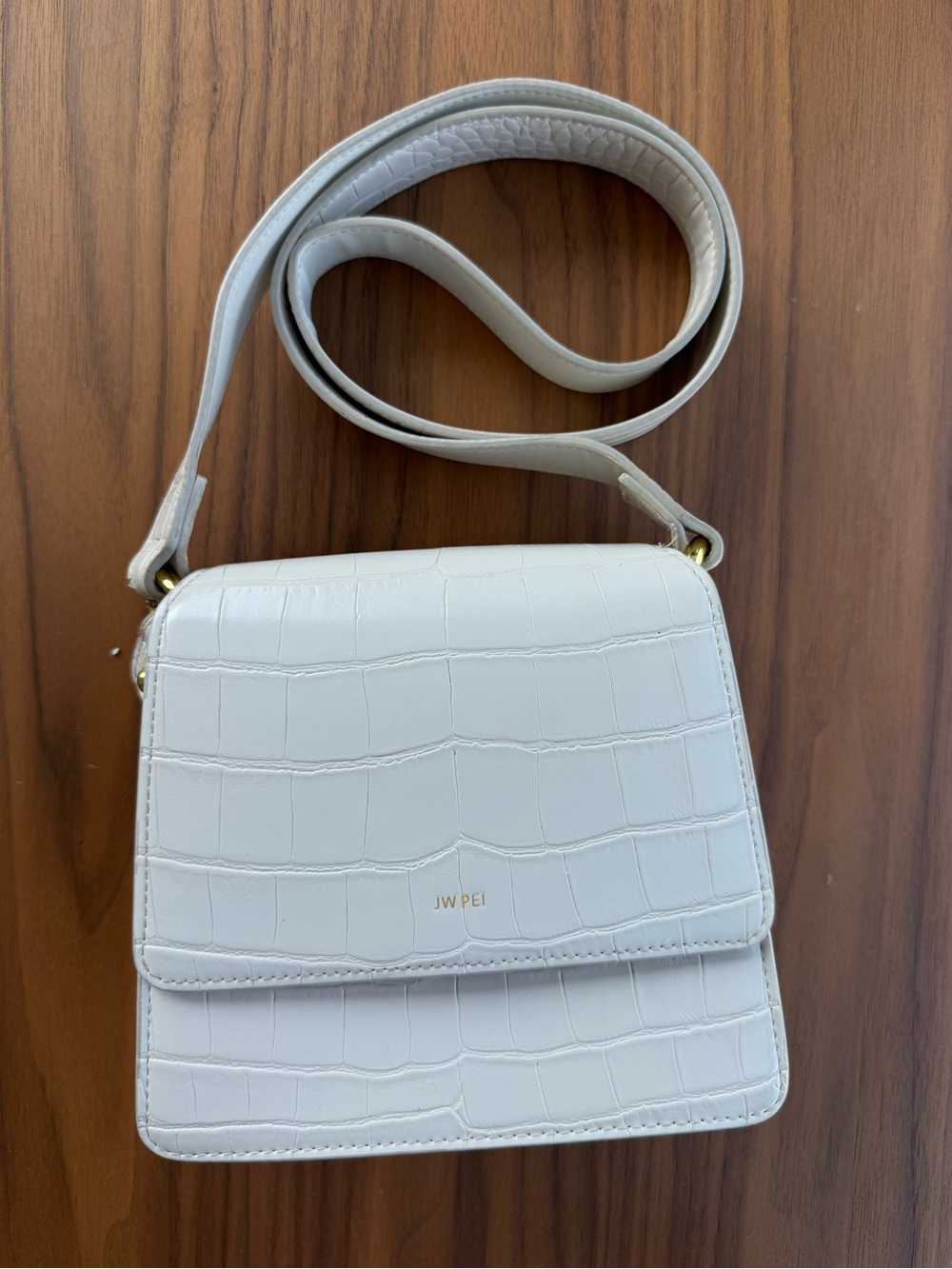 JW PEI Mini Flap Croc-Embossed Crossbody Bag White Ivory Vegan Leather